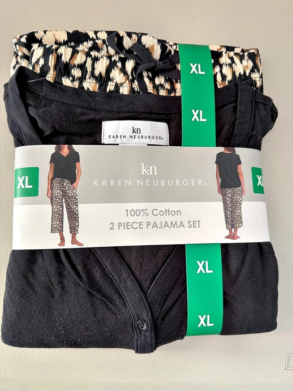 Karen Neuburger 2-Piece 100% Cotton Pajama Set XL Black & Cream